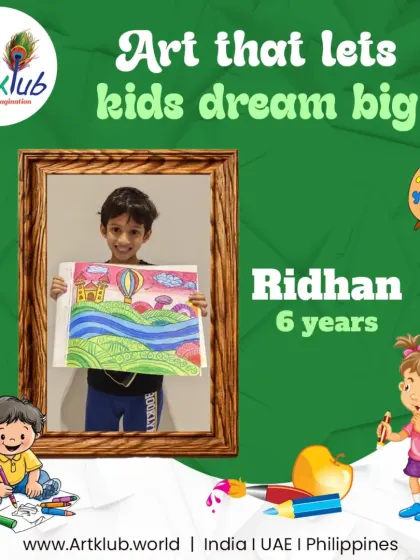 Six-year-old Ridhan lets his dreams fly high with this colorful hot air balloon landscape.