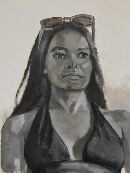 This is a Grisaille portrait, a study in monochrome values using oil on mount board. This technique allows me to focus purely on light, shadow, and form, creating a timeless and classic style of portraiture.