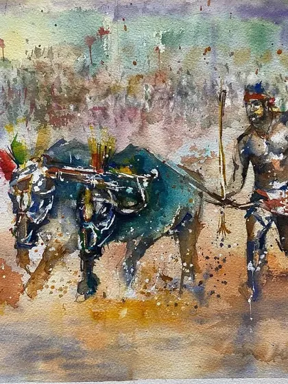 A watercolor painting of the Kambala, an annual buffalo race in Karnataka. This was my tribute for Karnataka Rajyotsava, celebrating a unique tradition of the state I call home.