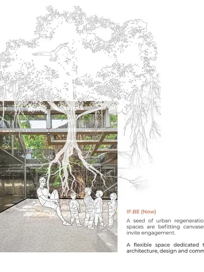 The now-revitalized IF.BE space, with the Banyan tree at its heart. The project is a flexible canvas for art, architecture, and design, inviting users and curators to formulate their own conversations with the space's unique light, volume, and material.