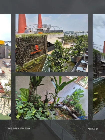 This collage captures the key landscape elements designed for The Brew Factory, a premium pub. It showcases the entrance water feature, the rooftop seating area, and the lush greenery that defines the customer's journey through the space.