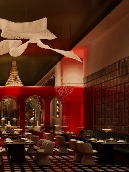 This render captures the layers of design at Koko, from the origami installation to the red-tiled walls and arched mirrors, all working together to create depth and visual interest.