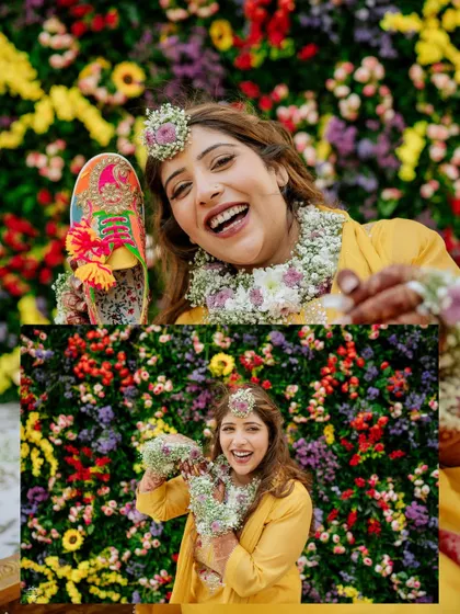 The bride's infectious laugh and her unique, colorful shoes are the stars of this Haldi photo. I always look for these personal details.