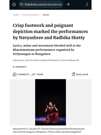 A screenshot of the review from The Hindu for my performance in Mangaluru, titled 'Crisp footwork and poignant depiction.'