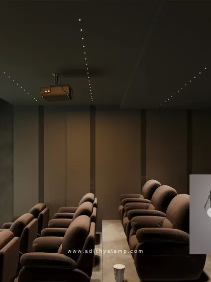 A variety of our architectural ceiling lights, shown here in a home theater setting. These small, powerful lights provide precise, low-glare illumination, perfect for creating a cinematic experience or highlighting architectural details.
