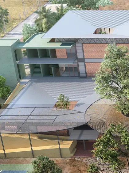 An aerial render of 'The Atelier' campus, visualizing how the buildings and canopies integrate with the surrounding trees and landscape.