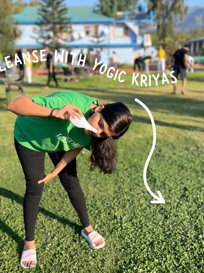 A student practices Jal Neti, a yogic cleansing kriya, in a natural outdoor setting. This practice is excellent for clearing the nasal passages and preventing respiratory issues.