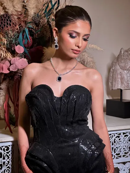 Another view of the stunning sapphire-style necklace, showing how it perfectly complements a sweetheart neckline and an elegant updo.