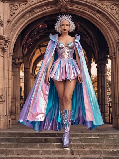 A full-length view of the 'Cosmic Cyber Fairy Princess' outfit, showcasing the dramatic cape and matching holographic boots. This AI-generated image provides a complete head-to-toe look for a digital campaign.