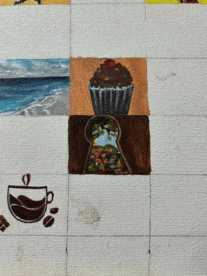 A mini-painting of a keyhole revealing a secret garden, a beautiful suggestion from a follower.