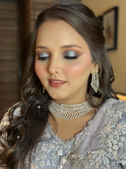 Another angle of the glittery eye makeup, a technique I teach in my advanced workshops for creating high-impact party looks.