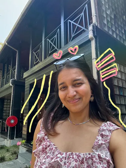 A happy selfie outside our beautiful wooden villa in the Andamans, with doodles to add to the cheerful vibe.