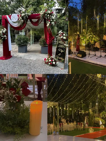 A collage showing different elements of a reception I planned. It features the grand entrance, the live band, the table settings, and the overall fairy-lit ambiance of the outdoor venue.