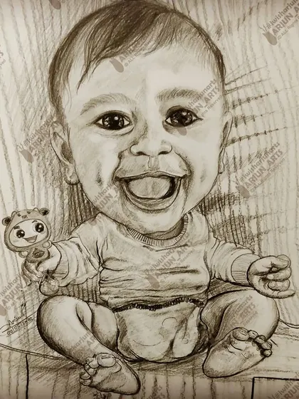 Capturing the pure joy of a baby's smile is always a pleasure. This is a detailed pencil sketch caricature, focusing on the baby's happy expression and chubby cheeks. It’s a timeless keepsake for any parent.
