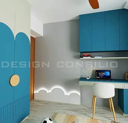 A magical kids' bedroom design with a cloud-shaped low-height headboard and a blue and white color scheme. The study desk and wardrobe are designed to be both playful and practical.