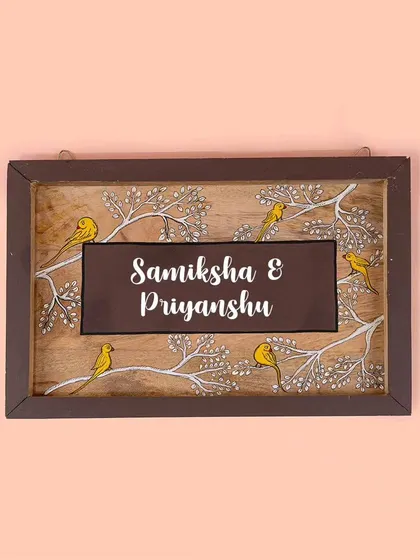 A clear, front-facing view of the custom nameplate with yellow birds. This design is perfect for couples and adds a personalized, artistic touch to the front door.