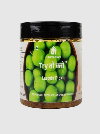A smaller jar of Lasoda Pickle on a white background.