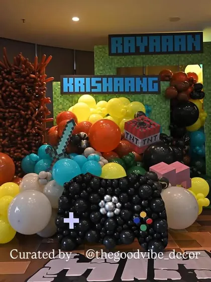 A detailed view of the Minecraft-themed decor for Krushna and Kashmera's sons' birthday party. The giant controller made of balloons was a huge hit with the kids.