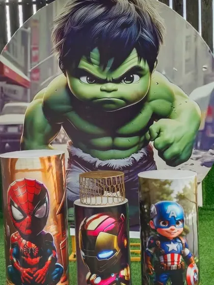 A close-up of the custom-printed pedestals featuring chibi-style Avengers characters, adding a cute and unique touch to the superhero theme.