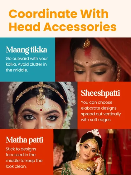 How to coordinate your kolka with your head accessories. This guide shows you how to pair your designs with a Maang Tikka, Sheeshpatti, or Matha Patti for a clean, elegant look.