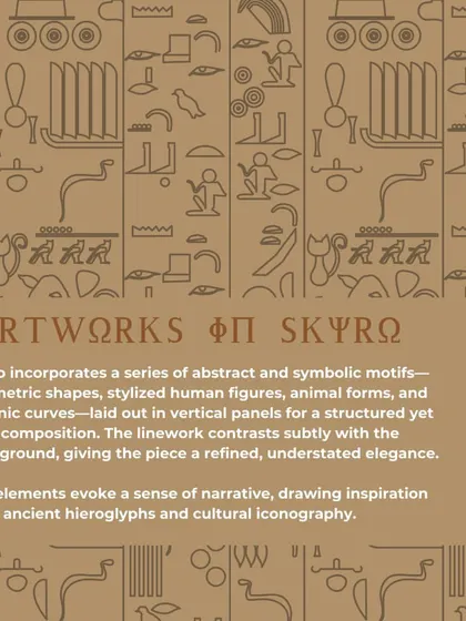 The artworks for Skyro incorporate abstract and symbolic motifs inspired by ancient hieroglyphs. The linework contrasts subtly with the background, giving the pieces a refined, understated elegance.
