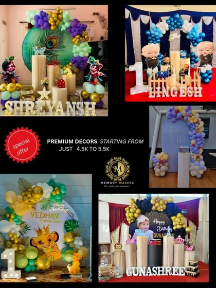 Our premium decor packages, starting from 4k to 5.5k, offer more elaborate themed setups. This collage showcases examples like the Krishna and Boss Baby themes, providing great value for a stunning party.
