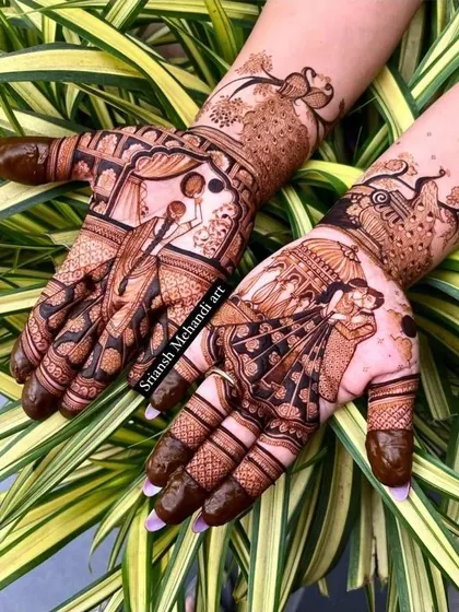 A beautiful and intricate design perfect for Karwachauth or any festive occasion. It combines romantic couple scenes with traditional peacock and doli motifs.