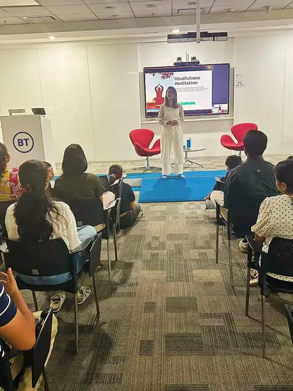 Another view of the presentation at BT, showing the engaged audience.