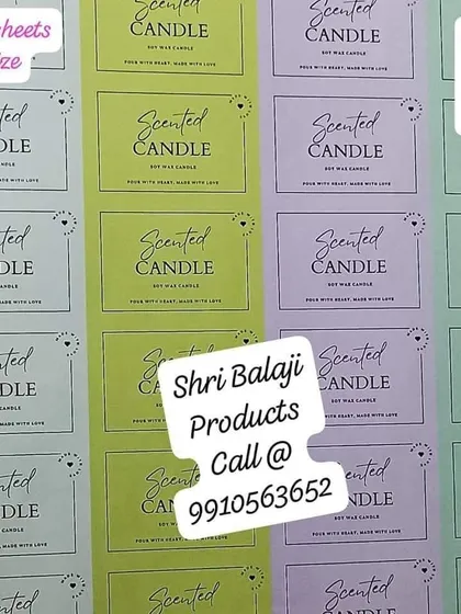 A sheet of colorful "Scented Candle" stickers. These are great for adding a professional touch to your products and come in a pack of 20 A3 sheets.