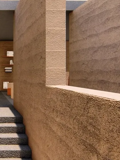 A rendering of an interior passage in the rammed earth retreat concept. The layered walls and changes in level create spontaneous encounters and moments of discovery.