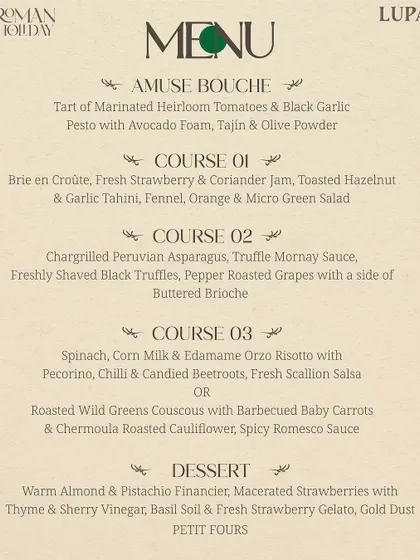The vegetarian menu for our "Roman Holiday" dinner, with dishes like Brie en Croûte, chargrilled asparagus, and spinach orzo risotto.