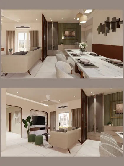 A look at a cozy and functional living and dining area from one of our 3BHK projects. We used a simple glass partition to create a sense of separation without closing off the space, keeping it bright and airy.