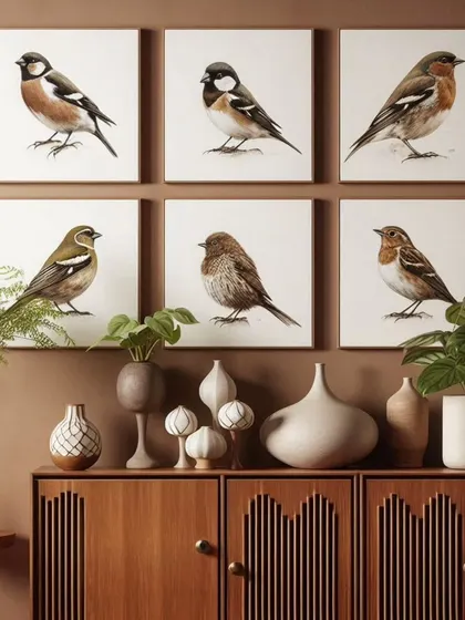 This gallery wall of six matching bird prints creates a balanced and harmonious display above a console table. It's a perfect example of how to use art to create a sophisticated and nature-inspired vignette.