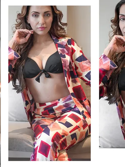 A three-panel collage showing different expressions from the shoot. The makeup remains flawless and impactful in each frame.