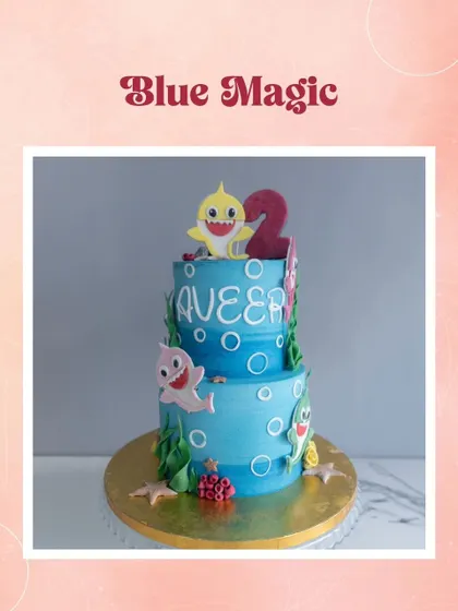 Doo doo doo. This two-tiered Baby Shark cake brings the popular song to life with the whole shark family and underwater details.