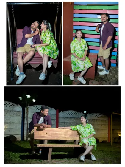 A collage of casual and playful moments from a night-time pre-wedding shoot, featuring colorful backdrops and lots of laughter.