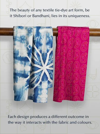 The beauty of any textile tie-dye art form, be it Japanese Shibori or Indian Bandhani, lies in its uniqueness. Here, two distinct patterns hang side-by-side, each showing a different outcome.