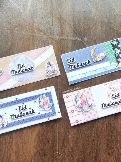 A variety of my handmade Eidi envelopes. I can customize them with different colors, patterns, and embellishments to match your style for the Eid celebration.