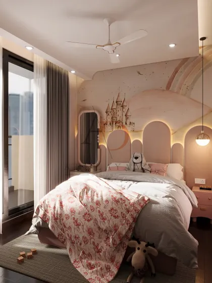 A full view of the whimsical kids' room, complete with a castle mural, a rainbow, and a cozy bed, designed to be a space where dreams come alive.
