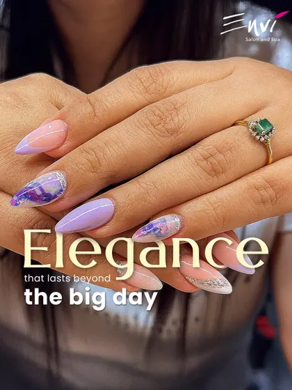 For the bride who wants timeless elegance, I create nail art that lasts well beyond the big day. This design features delicate lavender and marble accents on a classic almond shape, perfect for engagement photos and wedding ceremonies.