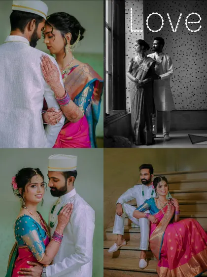A collage of four engagement portraits, including a beautiful black and white shot, capturing the couple's love from various artistic angles.
