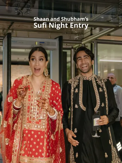 Shaan and Shubham's joyful entry into their Sufi Night celebration. Their happy expressions say it all, a perfect start to an evening of music and love.