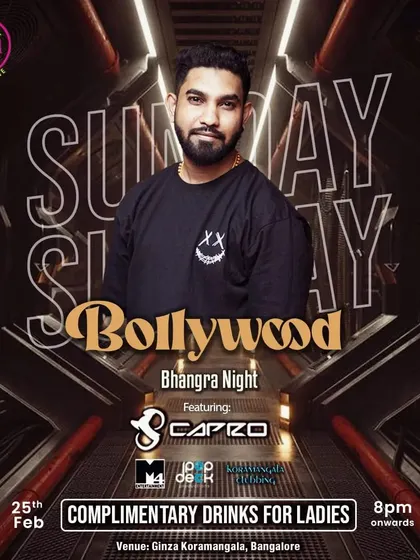 A poster for a 'Bollywood Bhangra Night' at Ginza, promising complimentary drinks for ladies.
