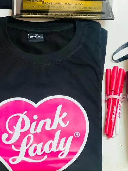 A close-up of the branded merchandise from the 'Pink Lady' hamper, including a t-shirt, water bottle, and pens.