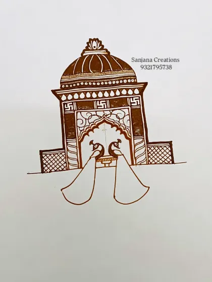 The second step in sketching the bridal dome design, focusing on the outline of the peacocks.