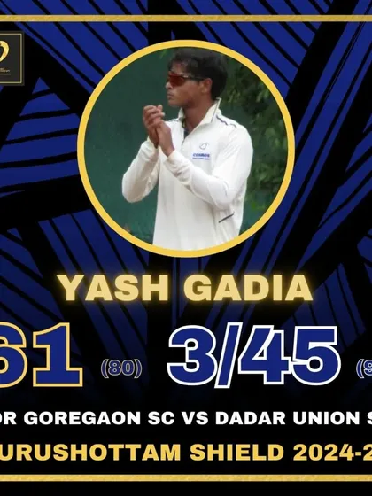 A great all-round performance by Yash Gadia in the Purushottam Shield, scoring 61 and taking 3 wickets.