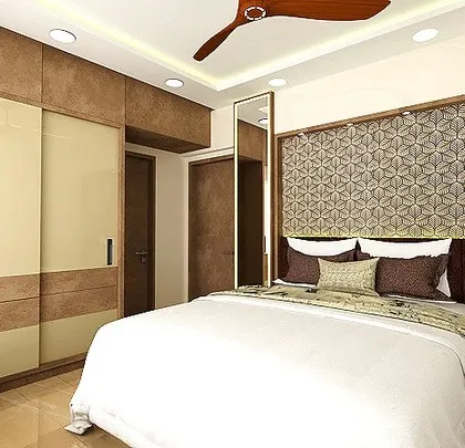 Another view of the parents' bedroom design, highlighting the bed with a custom-patterned headboard. The overall aesthetic is calm and soothing.