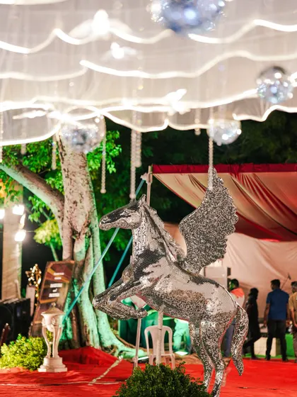 Another view of the mirrored Pegasus, showing its placement at the entrance to the reception area.