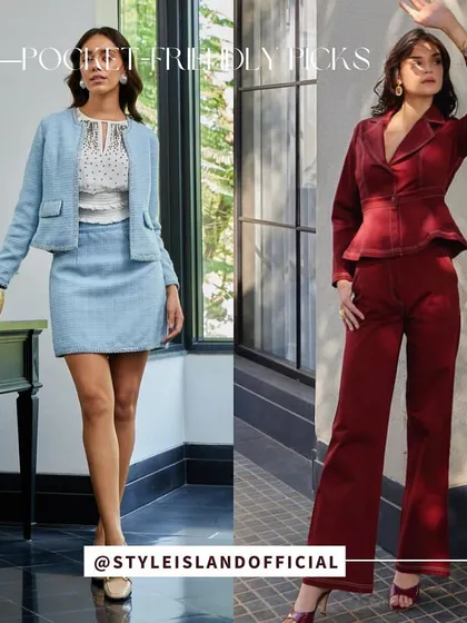 A denim skirt suit and a burgundy peplum pantsuit. These are two more examples of stylish and affordable Western wear from Indian brands that I love.