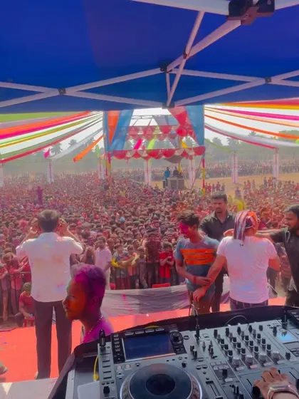 Another perspective from the DJ booth, showing the sheer number of people who came to celebrate. Managing the energy of a crowd this size is my specialty.
